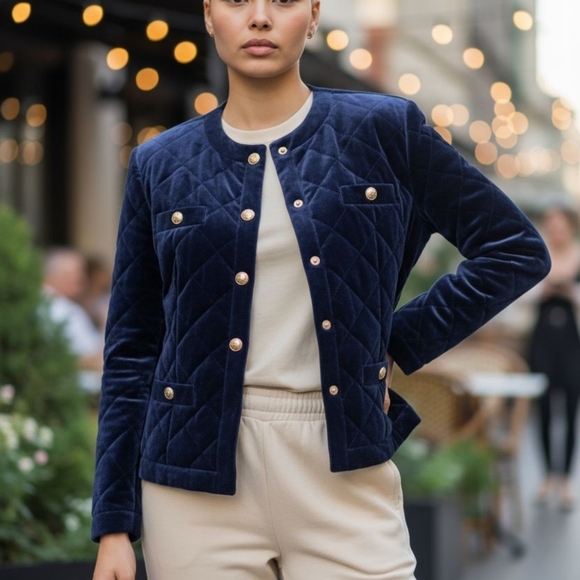 JH Collection Vintage 80s Velvet Quilted Blazer Military style Jacket. Size 10 - Picture 1 of 14